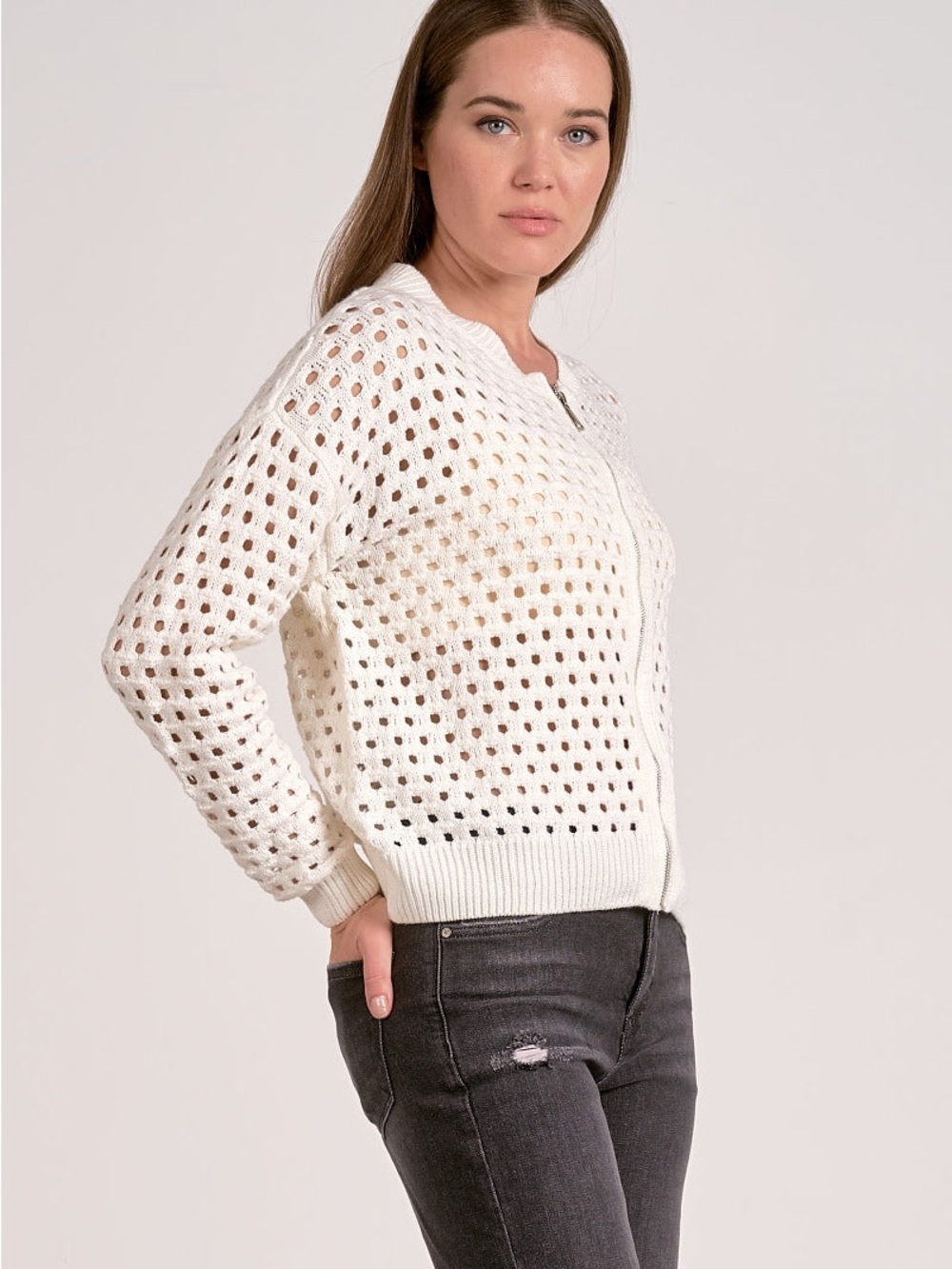 Elan Aster cable knit Sweater Cardigan Zip Up relaxed fit White size large NWT - Picture 3 of 12
